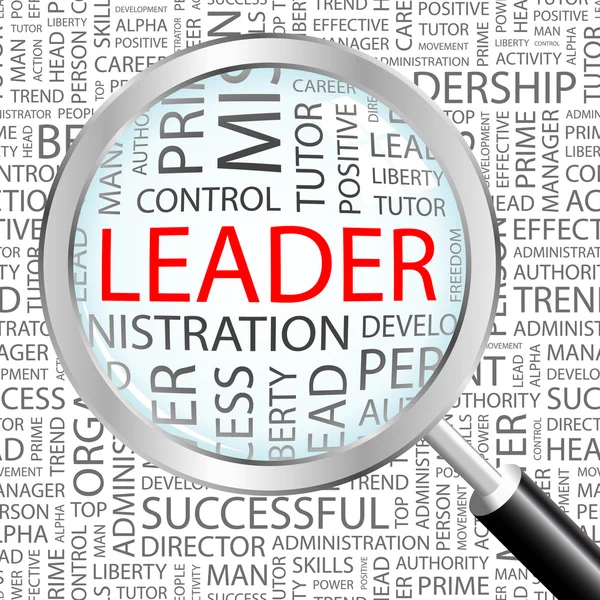 Líder. Lupa sobre fundo com diferentes termos de associação . — Vetor de Stock