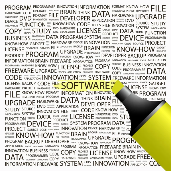 Software. markeerstift op achtergrond met verschillende vereniging voorwaarden. — Stockvector