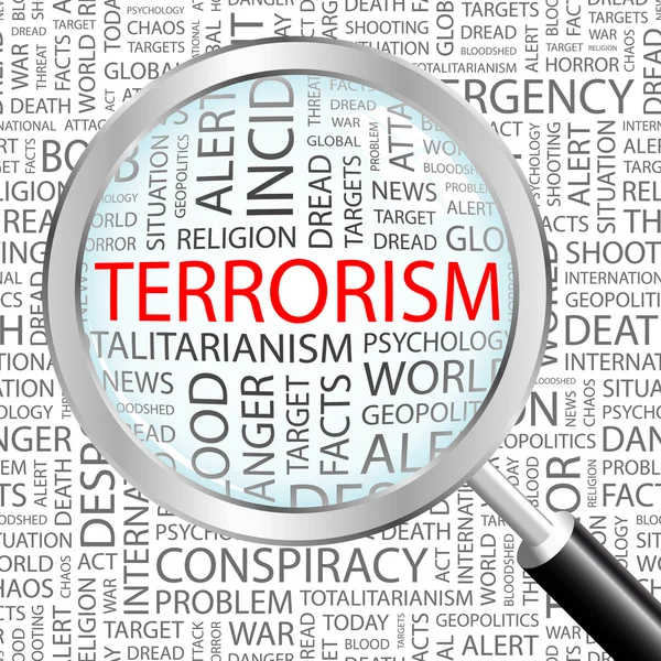 TERRORISM. Magnifying glass over background with different association terms. — Stok Vektör