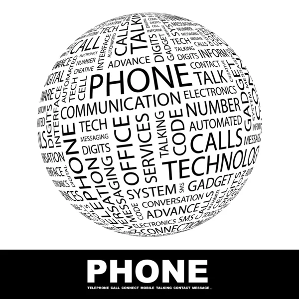携帯電話。白い背景の上の単語のコラージュ. — ストックベクタ