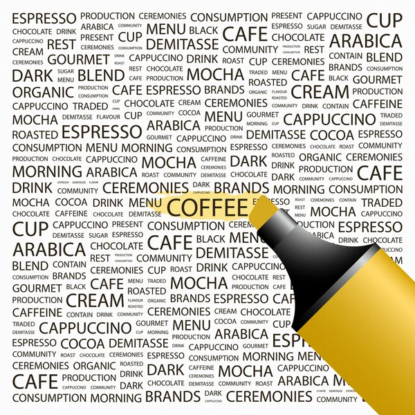 コーヒー。異なる協会規約を背景に蛍光ペン. — ストックベクタ