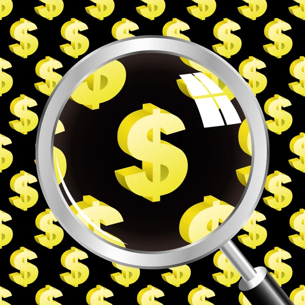 Magnifying glass over seamless background with dollar signs. — Stock Vector