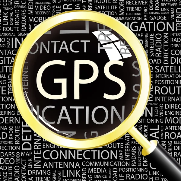 GPS. zvětšovací sklo nad pozadím s různými asociace termíny. — Stockový vektor