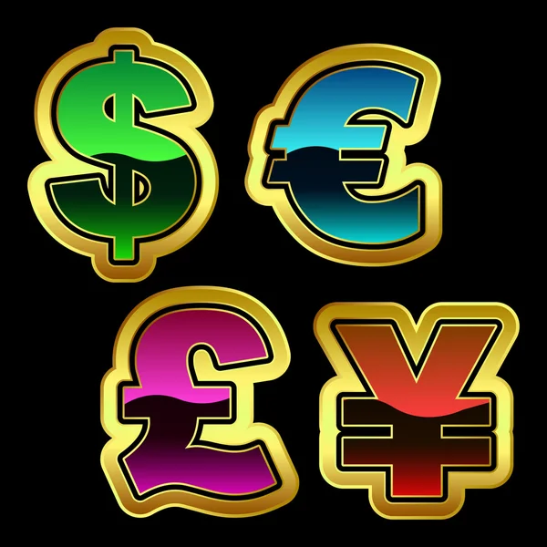 Signes vectoriels dollar, euro, yen et livre . — Image vectorielle