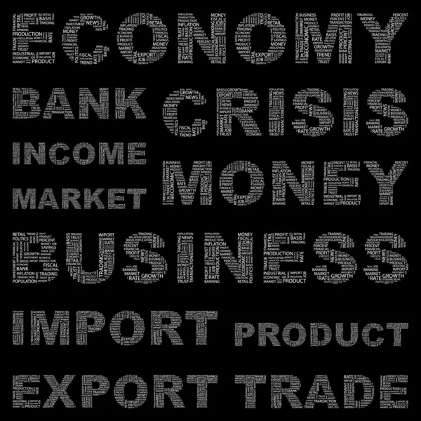 Οικονομία. λέξη κολάζ σε μαύρο φόντο. — Διανυσματικό Αρχείο