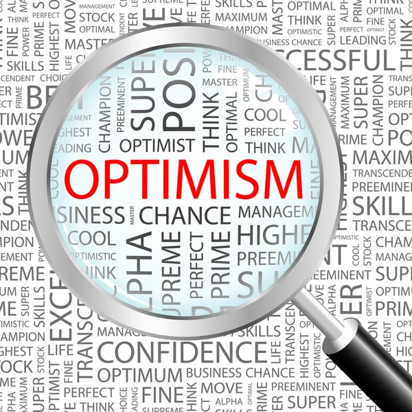 Optimismus. zvětšovací sklo nad pozadím s různými asociace termíny. — Stockový vektor