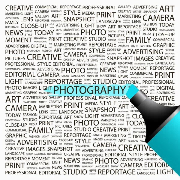 PHOTOGRAPHY. Highlighter over background with different association terms. — Stock Vector