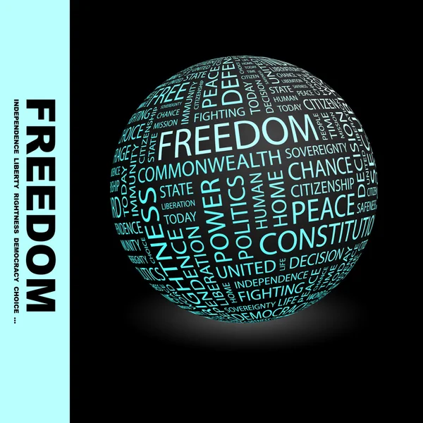 Liberdade! Liberdade! Globo com diferentes termos de associação. Wordcloud ilustração vetorial . —  Vetores de Stock