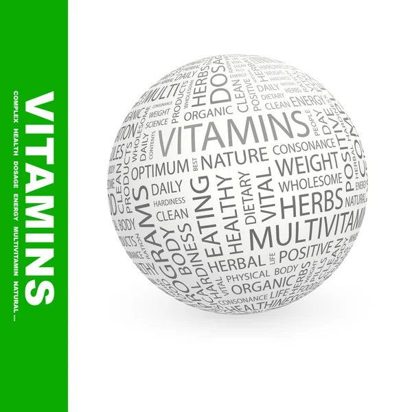 Vitamine. Globus mit unterschiedlichen Assoziationsbedingungen. — Stockvektor