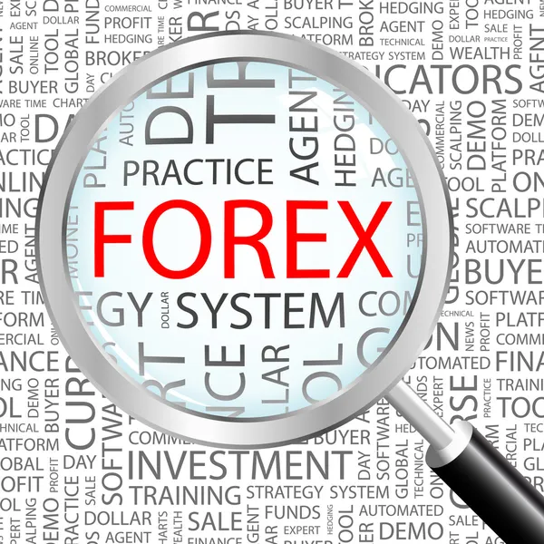 Forex. zvětšovací sklo nad pozadím s různými asociace termíny. — Stockový vektor