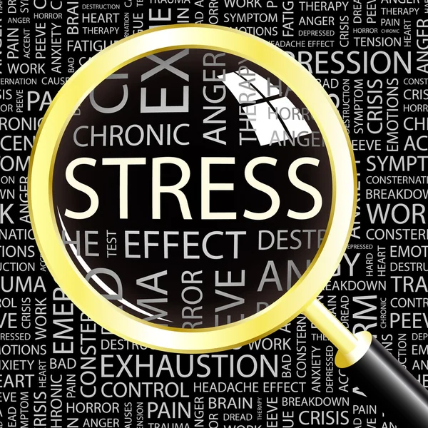 Stress. Lupe über nahtlosen Hintergrund mit unterschiedlichen Assoziationsbegriffen. — Stockvektor