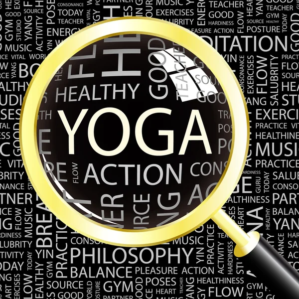 Yoga. Lupe über nahtlosen Hintergrund mit unterschiedlichen Assoziationsbegriffen. — Stockvektor