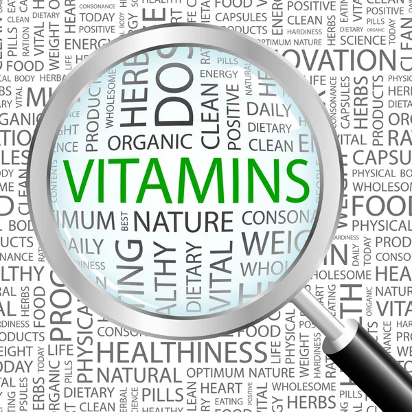 Vitamíny. zvětšovací sklo nad bezešvé pozadí s různými asociace termíny. — Stockový vektor