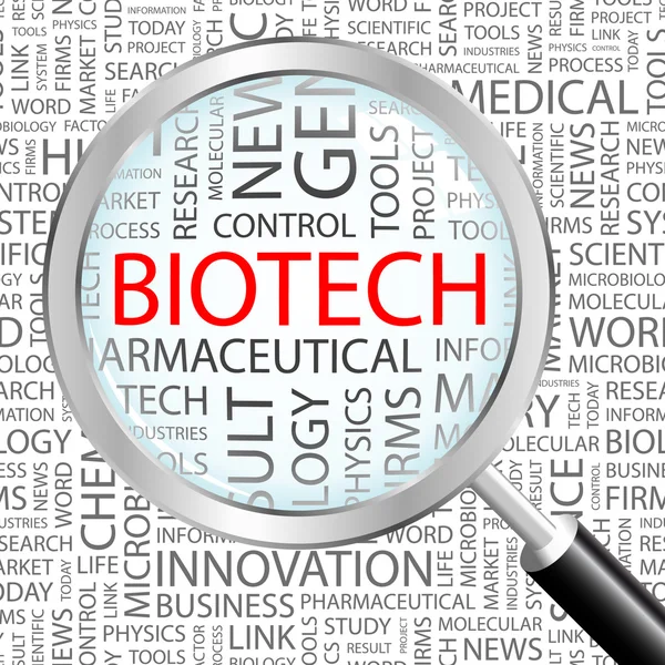 Biotech. Vergrootglas over naadloze achtergrond met verschillende vereniging voorwaarden. — Stockvector