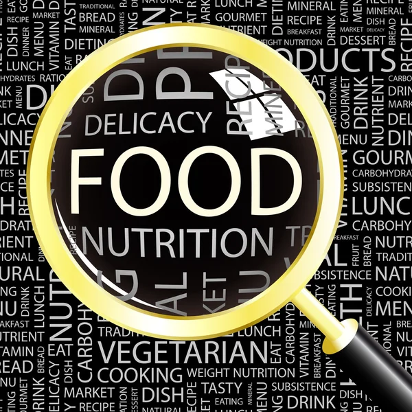 FOOD. Magnifying glass over background with different association terms. — Stock Illustration FOOD. Magnifying glass over background with different association terms. Stock Vector