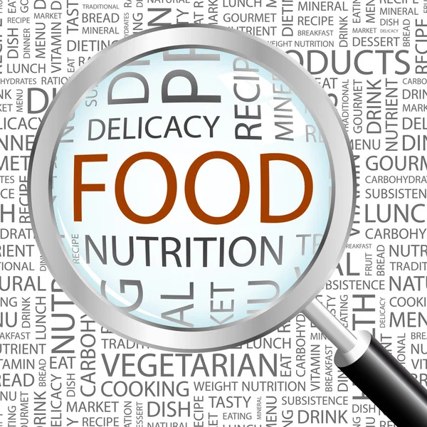 FOOD. Magnifying glass over background with different association terms. — Stock Illustration FOOD. Magnifying glass over background with different association terms. Stock Illustration