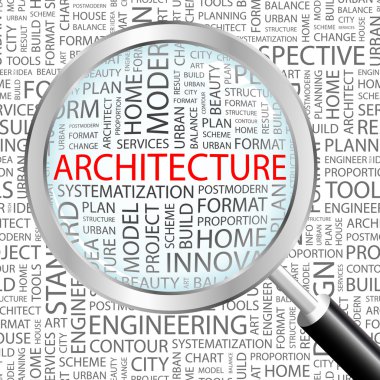 ARCHITECTURE. Magnifying glass over seamless background with different association terms. clipart