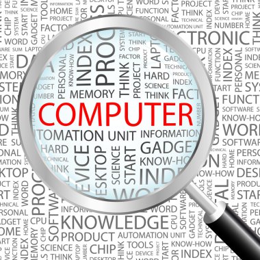 COMPUTER. Magnifying glass over seamless background with different association terms. clipart