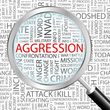 AGGRESSION. Magnifying glass over background with different association terms. clipart