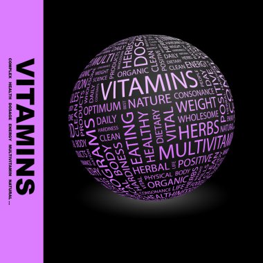 VITAMINS. Word collage on white background. clipart