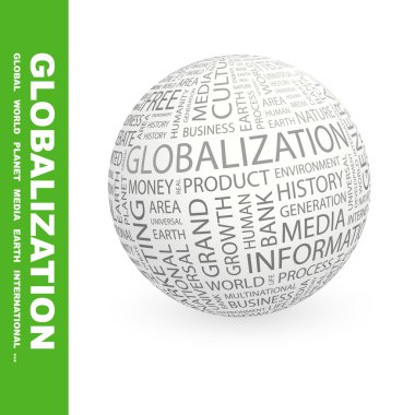 GLOBALIZATION. Globe with different association terms. clipart