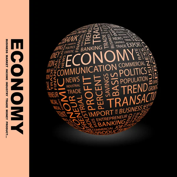 Ekonomika. zeměkoule s různými asociace termíny. — Stockový vektor