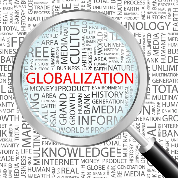 Globalisierung. Lupe über Hintergrund mit unterschiedlichen Assoziationsbegriffen. — Stockvektor