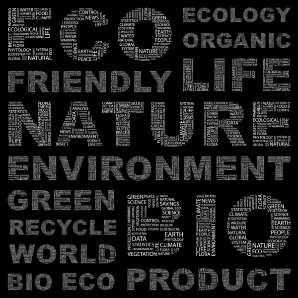 Ökologie. Wortcollage auf schwarzem Hintergrund. — Stockvektor