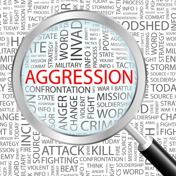 Aggression. Lupe über Hintergrund mit unterschiedlichen Assoziationsbegriffen. — Stockvektor