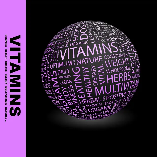 Vitamíny. slovo koláž na bílém pozadí. — Stockový vektor