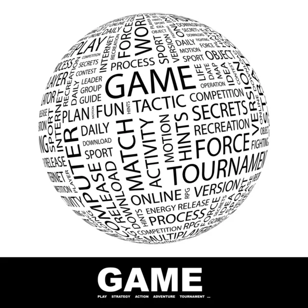 Game.Globe con diferentes términos de asociación. Wordcloud vector ilustración . — Vector de stock