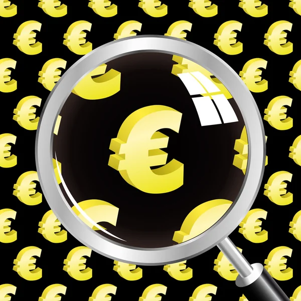 Lupa sobre fondo transparente con signos de euro . — Vector de stock