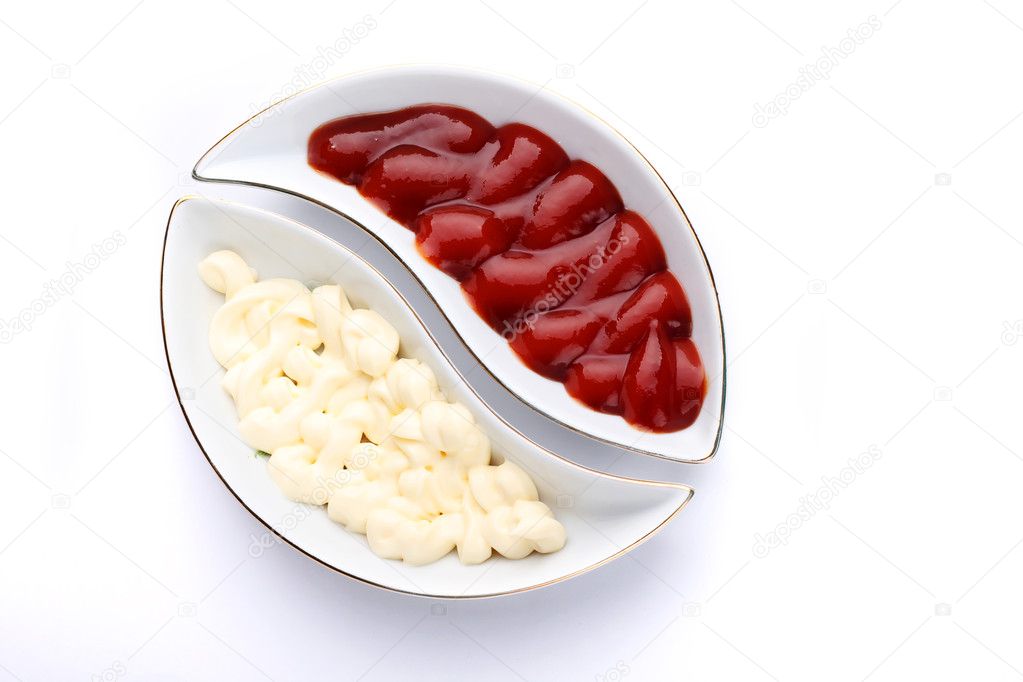 Sauces unusual dishes on a white background