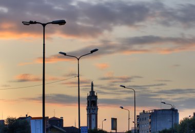 Street lights and bell tower, Milan clipart