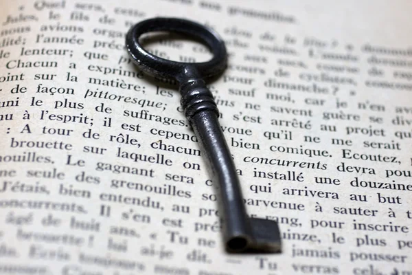 Alter Schlüssel auf einem offenen Buch — Stockfoto
