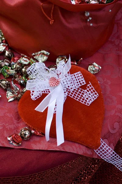 Heart bag with candy — Stok fotoğraf