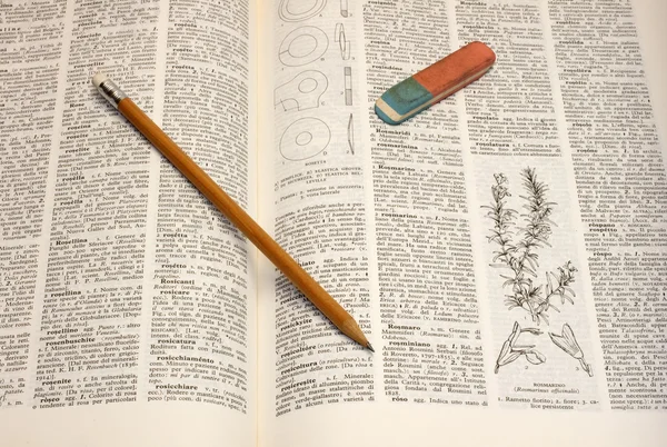 Карандаш на словаре — стоковое фото