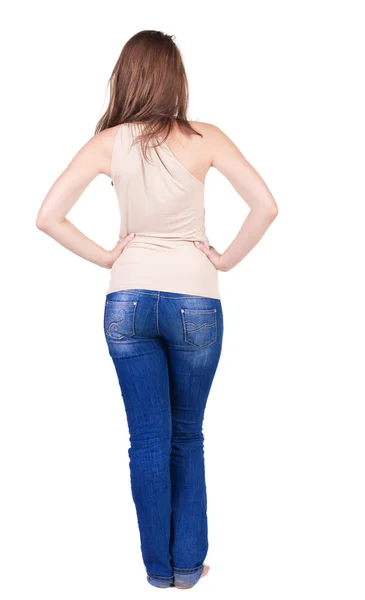 Vista traseira de yong linda mulher olha em frente. vista traseira — Fotografia de Stock