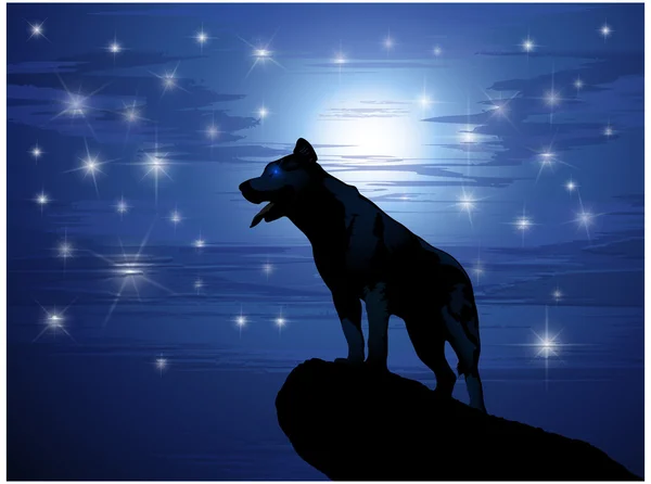 Vlk proti měsíc a hvězdy — Stockový vektor