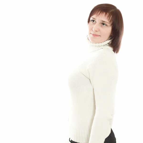 Frau im weißen Pullover — Stockfoto
