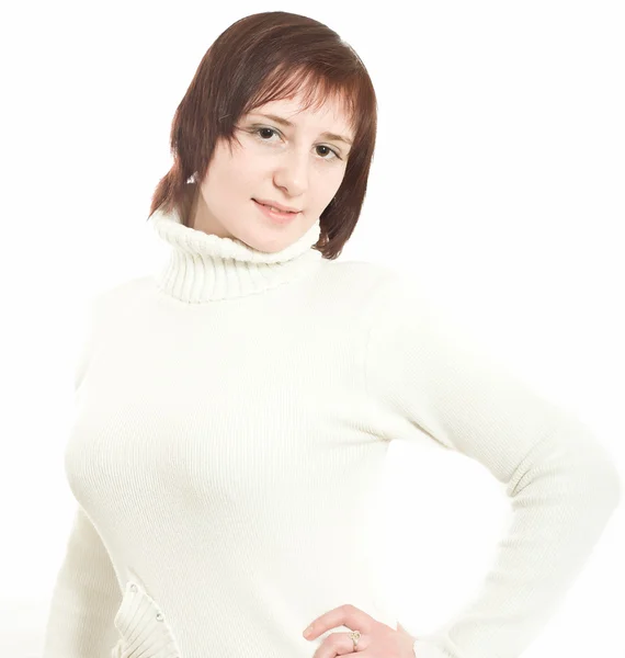 Kobieta w białym swetrze — Zdjęcie stockowe