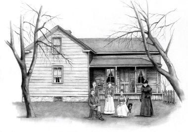 Pencil Drawing of Old Farmhouse With clipart