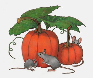 Mice Playing in Pumpkin Patch: Color Pencil Art clipart