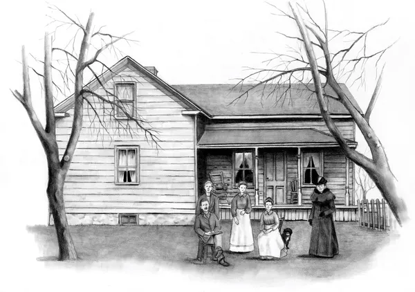 Bleistiftzeichnung eines alten Bauernhauses mit — Stockfoto