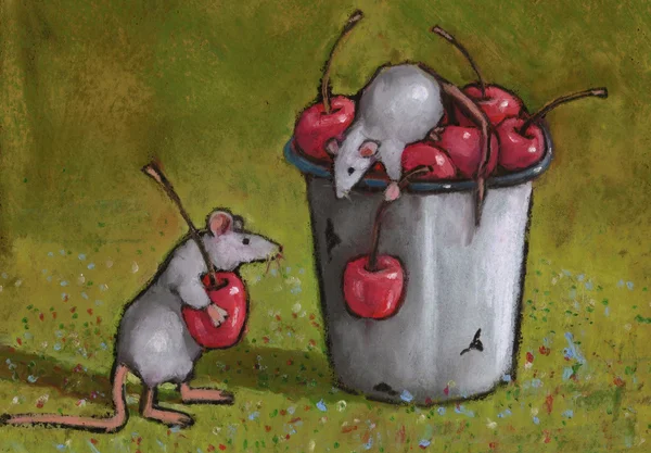 老鼠偷樱桃: 油粉彩艺术 — 图库照片