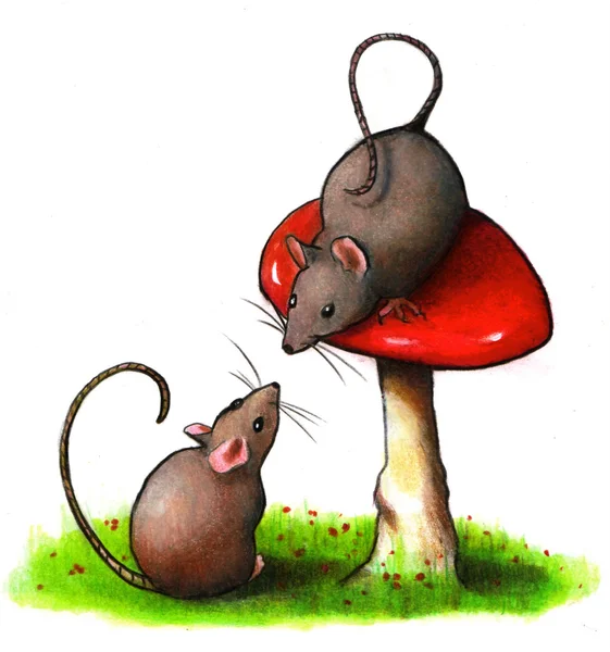 Mice With Toadstool: Color Pencil Art — Stock Photo, Image