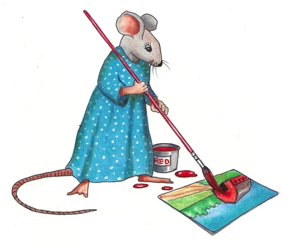 Mouse Making A Painting: Color Pencil Art — Stock Photo, Image