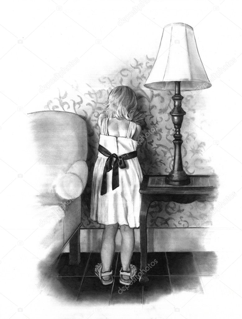 Pencil Drawing of Child With Face Against Wall