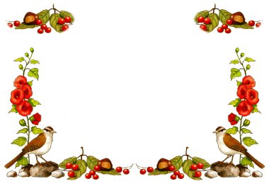 Birds, Flowers, Berries: Color Pencil Art: Border clipart