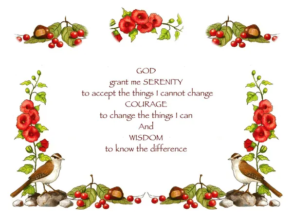 Serenity Prayer With Hand-Drawn Border of Flowers, Birds — Stock Photo, Image